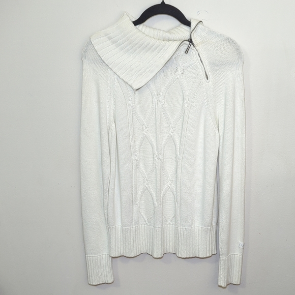 Calvin Klein White Cable Knit Shawl Collar Sweater Shoulder Zip Women's Size XL - Picture 1 of 3